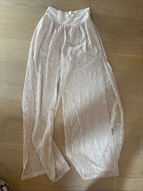 Sheer Lace Wide-Leg Pants in Blush